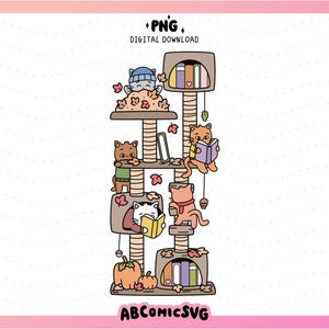 May include: A digital illustration of a multi-level cat tree featuring several cats reading books and playing in autumn leaves. The design includes pumpkins, bookshelves, and hanging toys. The text PNG DIGITAL DOWNLOAD and ABCOMICSVG are visible.