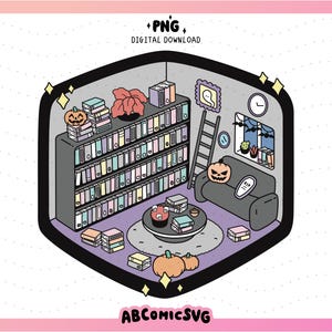 May include: A digital illustration of a cozy living room with a bookshelf filled with books, a couch, a coffee table with a cauldron and books, and pumpkins. The room is decorated for Halloween with bats and a ghost.