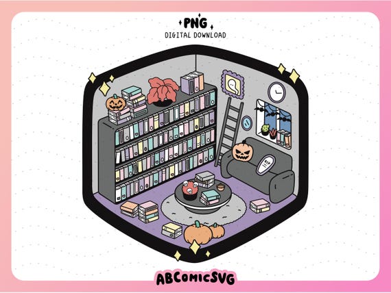 Spooky Isometric Library PNG, Halloween PNG, Spooky Reader PNG, Cute Trendy Design File for Stickers, Tshirts, Bookmarks, Keychains, Totes
