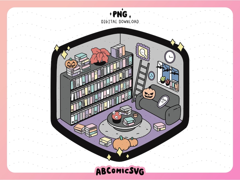 May include: A digital illustration of a cozy living room with a bookshelf filled with books, a couch, a coffee table with a cauldron and books, and pumpkins. The room is decorated for Halloween with bats and a ghost.
