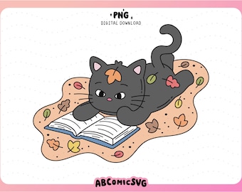 Fall Reading Cat PNG, Cozy Bookish Season PNG, Autumn Leaves Designs for Stickers, Magnetic Bookmarks, Keychains, Totes, Tshirts (Clipart)