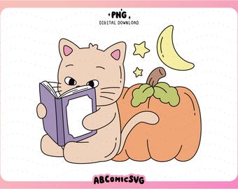 Cozy Reading Cat PNG, Fall Pumpkin PNG, Bookish Halloween Vibes Designs for Stickers, Magnetic Bookmark, Keychains, Badge Reels (Clipart)