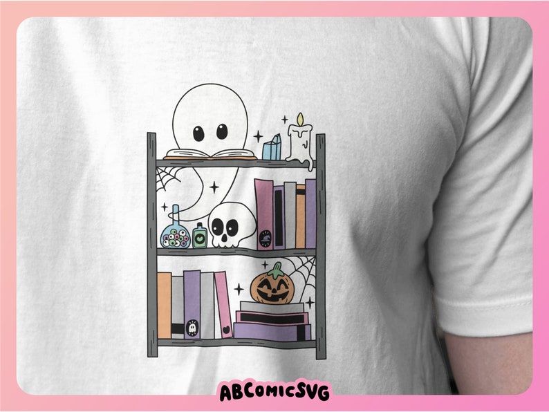 May include: A white ghost with a book in its hands sits on a bookshelf with a pumpkin, a candle, and other spooky items. The bookshelf is brown with white shelves and a spiderweb design.