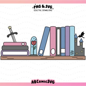 May include: A bookshelf with a variety of books, a sword, a rose in a glass dome, and a small castle with a dragon on top. The bookshelf is made of wood and has a light brown finish.