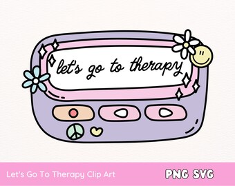 Puede incluir: Ilustración digital de un dispositivo de estilo retro en tonos morados y rosas, con las palabras "let's go to therapy" en escritura negra. Adornado con flores, una carita sonriente y diamantes, tiene un símbolo de la paz y un corazón.