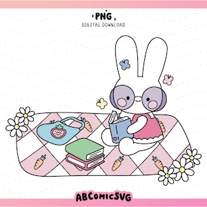 Bookish Spring Picnic Bunny PNG: Pastel Reading Rabbit Design File (Digital Download)