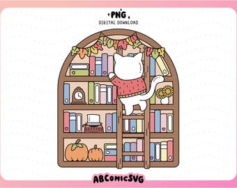 Fall Bookshelf PNG, Cozy Reader PNG, Bookish Cat PNG, Autumn Designs for Stickers, Magnetic Bookmarks, Keychains, Badge Reels (Clipart)