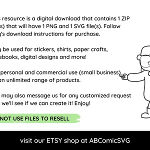 May include: Digital download graphic with text about using the files for stickers, shirts, and digital designs. The image includes a cartoon character pointing to the text. The text says "DO NOT USE FILES TO RESELL" and "visit our ETSY shop at ABComicSVG."
