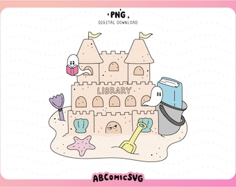 Spooky BOOKISH Library Sandcastle PNG: Uroczy projekt kliparty z czarownicą Summerween (pobieranie cyfrowe)