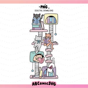 May include: A digital download graphic featuring a cat tree with several cats reading books. The cat tree is multi-tiered with a light pink and blue color scheme. The text "+PNG DIGITAL DOWNLOAD" and "ABCOMICSVG" are also present.