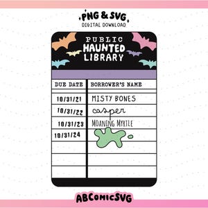 Carte de bibliothèque hantée Date d'échéance SVG PNG, PNG Halloween pastel, fichiers de conception esthétique mignon pour autocollants, t-shirts, signets, porte-clés, cabas