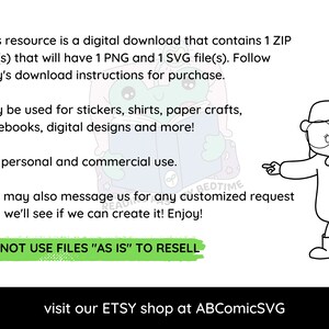 Op de afbeelding: Zwart-witte illustratie van een meisje met een bril en een jurk, dat wijst naar de tekst "DO NOT USE FILES "AS IS" TO RESELL". De tekst bevat ook "This resource is a digital download that contains 1 ZIP file(s) that will have 1 PNG and 1 SVG file(s). Follow Etsy's download instructions for purchase. May be used for stickers, shirts, paper crafts, notebooks, digital designs and more! For personal and commercial use. You may also message us for any customized request and we'll see if we can create it! Enjoy! visit our ETSY shop at ABComicSVG"