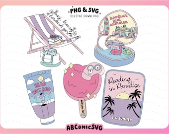 Bookish Girl Summer Bundle PNG SVG, Book Lover Bundle, Summer Vibes PNG, Ice Cream Png, Trendy Sticker Designs, Magnetic Bookmark Png Files