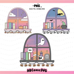 Spooky Season Windows Bundle PNG, Bookish Ghost PNG, Otoño PNG, Diseños estéticos de moda para pegatinas, marcadores, camisetas, bolsos, tazas