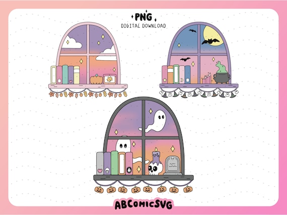 Spooky Season Windows Bundle PNG, Bookish Ghost PNG, Autumn PNG, Aesthetic Trendy Designs for Stickers, Bookmarks, Tshirts, Totes, Mugs