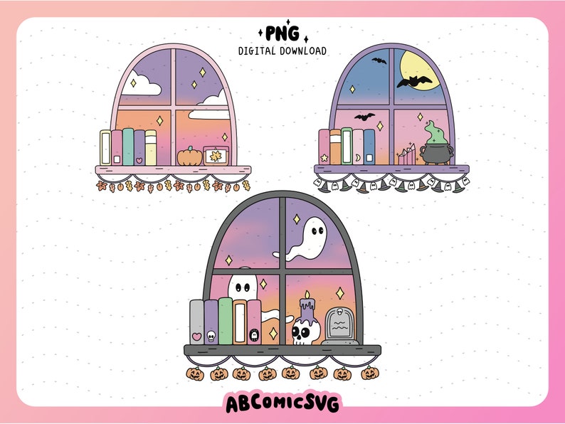 May include: Digital download graphic with three arched windows, each showcasing a Halloween scene. One window shows a sunset with a pumpkin, another a moonlit night with bats, and the third a ghost with a tombstone. The text "+PNG DIGITAL DOWNLOAD" and "ABCOMICSVG" are included.
