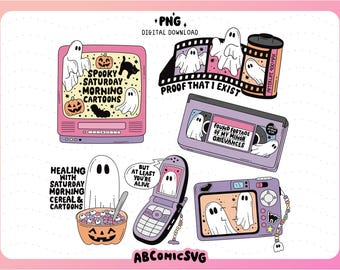 Retro 90s Spooky PNG Bundle, Sad Millennial Ghost PNG, Y2K Aesthetic Designs for Stickers, Keychains, Badge Reel, Tshirts (Digital Download)