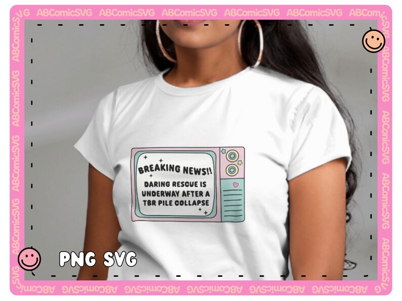 May include: A white t-shirt with a graphic of a vintage television screen with the text "BREAKING NEWS!! DARING RESCUE IS UNDERWAY AFTER A TBR PILE COLLAPSE".