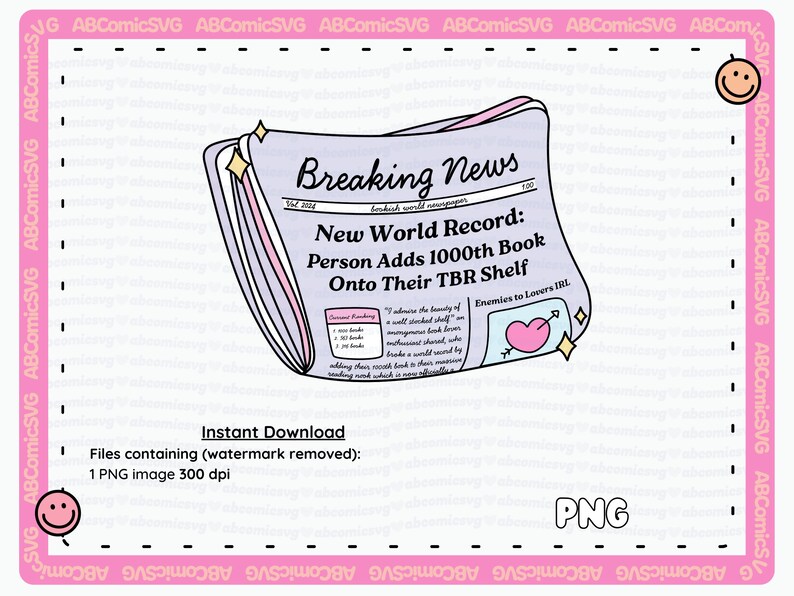 Puede incluir: Una ilustraci&oacute;n digital de un titular de peri&oacute;dico que dice "Breaking News: New World Record: Person Adds 1000th Book Onto Their TBR Shelf". El peri&oacute;dico est&aacute; doblado y tiene un esquema de color rosa y morado. Hay un peque&ntilde;o coraz&oacute;n con una flecha apuntando hacia &eacute;l en la esquina del peri&oacute;dico.
