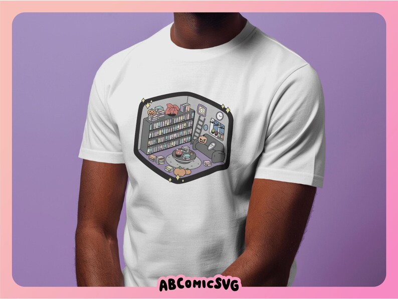 May include: White t-shirt with a cartoon illustration of a bookshelf filled with books, a couch, and a coffee table with a plant on it. The illustration is in a light purple, pink, and blue color scheme.