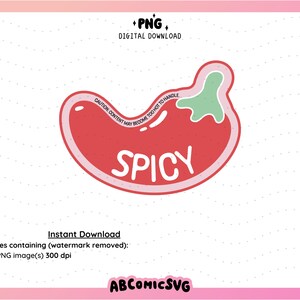 May include: A red and green cartoon chili pepper with the word "SPICY" written on it. The text "CAUTION CONTENT MAY BECOME TOO HOT TO HANDLE" is written on the chili pepper.