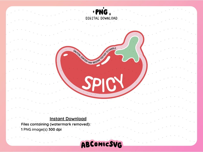 May include: A red and green cartoon chili pepper with the word "SPICY" written on it. The text "CAUTION CONTENT MAY BECOME TOO HOT TO HANDLE" is written on the chili pepper.