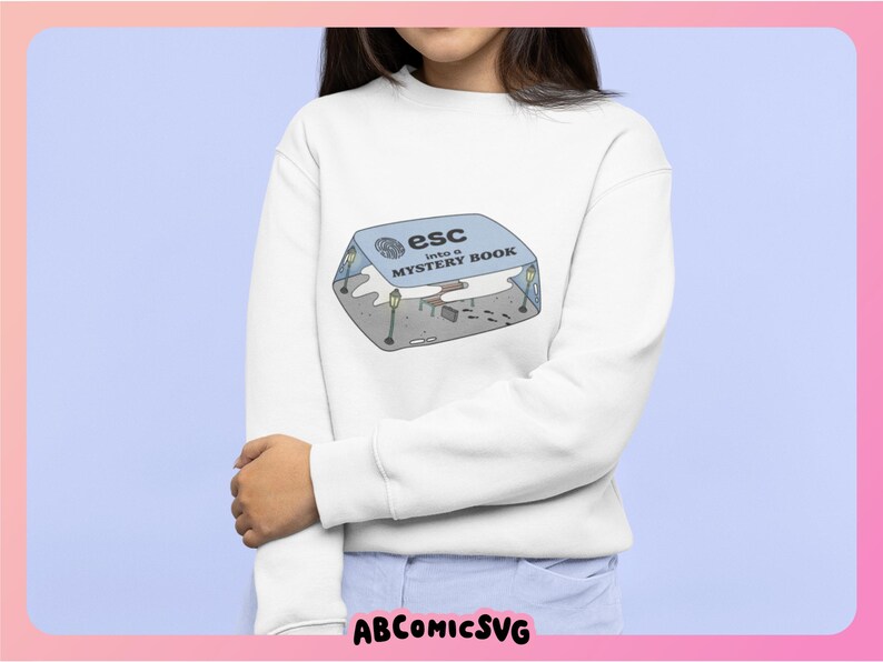 May include: White sweatshirt with a graphic of a blue box with the text "esc into a MYSTERY BOOK" on it.