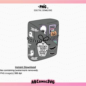 May include: A gray book with a black and white striped ribbon tied around it. The book has a tag that says "Blind Date with a Spooky Book". There are various Halloween-themed stickers on the book, including a ghost, a pumpkin, and a potion bottle.