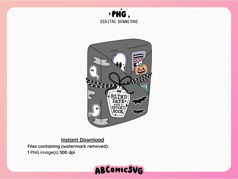 May include: A gray book with a black and white striped ribbon tied around it. The book has a tag that says "Blind Date with a Spooky Book". There are various Halloween-themed stickers on the book, including a ghost, a pumpkin, and a potion bottle.