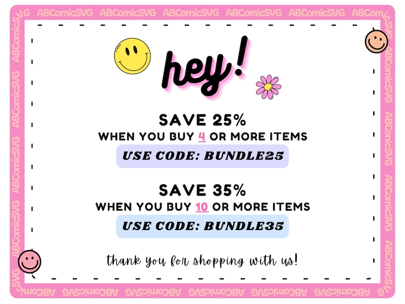 Puede incluir: Gr&aacute;fico promocional rosa y blanco con la palabra "hey!" y una carita sonriente. El texto dice "AHORRA 25% CUANDO COMPRAS 4 O M&Aacute;S ART&Iacute;CULOS C&Oacute;DIGO: BUNDLE25" y "AHORRA 35% CUANDO COMPRAS 10 O M&Aacute;S ART&Iacute;CULOS C&Oacute;DIGO: BUNDLE35".