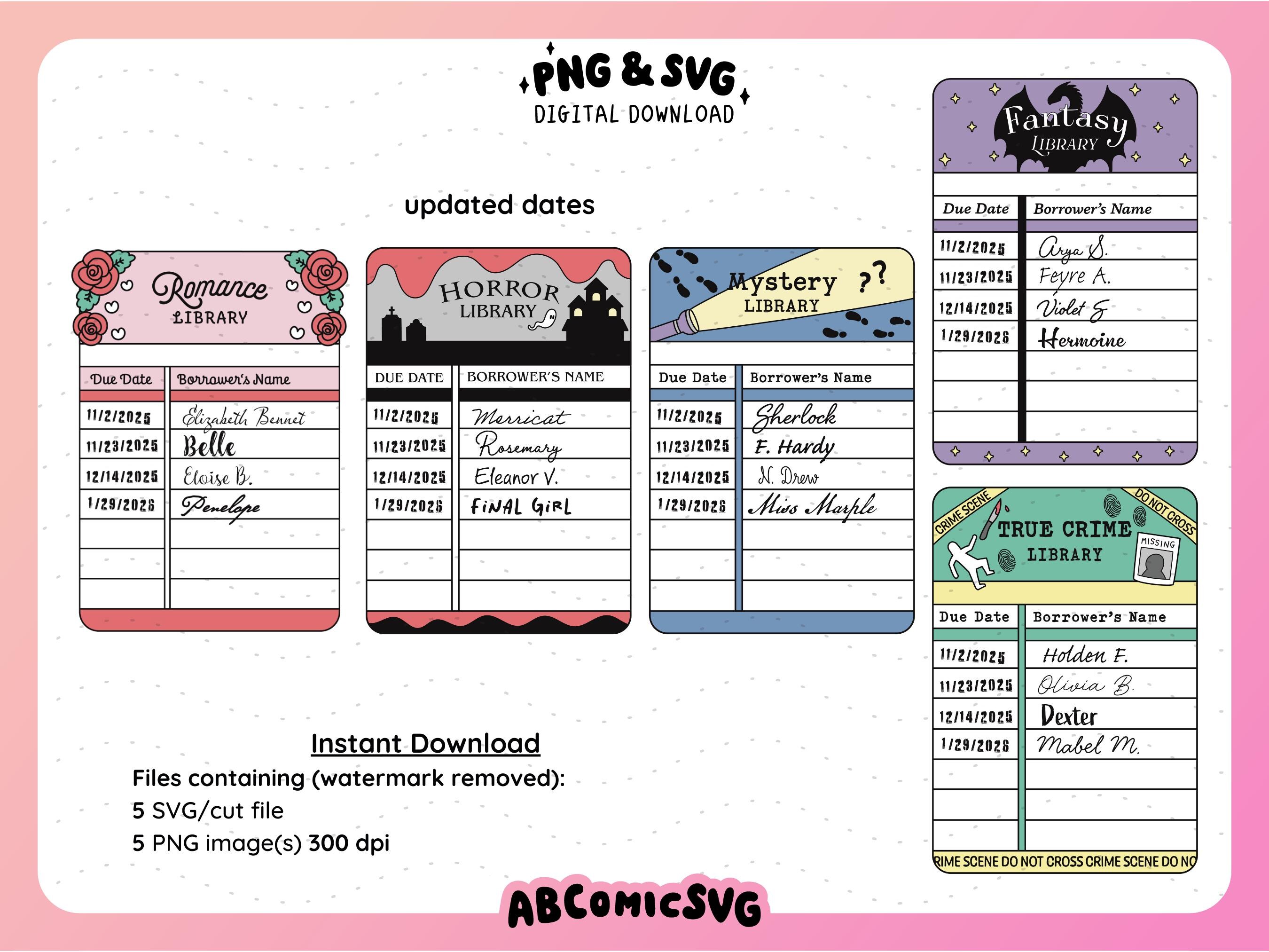 Library Due Card Bundle SVG PNG, Trendy Bookish Design Files for ...