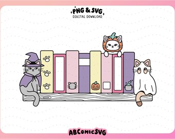 Pink Halloween Bookish Cat Bookends PNG SVG, Spooky Bookshelf PNG, Trendy Designs for Stickers, Magnetic Bookmark, Tshirts, Keychains, Totes