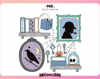 Halloween Mystery Bookshelf PNG, Reading Ghost PNG, Spooky Book Club PNG, Murder Mystery, Bookish Png, Fall Clipart