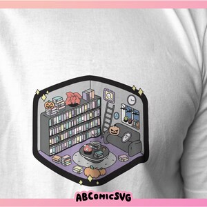 May include: A digital illustration of a cozy reading nook with a bookshelf filled with books, a ladder, a small table with a pumpkin, a couch, and a few pumpkins on the floor. The illustration is in a cartoon style with bright colors.