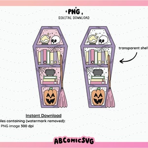 May include: Two purple coffin-shaped shelves with a broom, books, a cauldron, a skull, and a pumpkin. The shelves have a transparent backing.