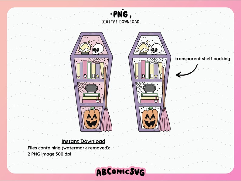 May include: Two purple coffin-shaped shelves with a broom, books, a cauldron, a skull, and a pumpkin. The shelves have a transparent backing.