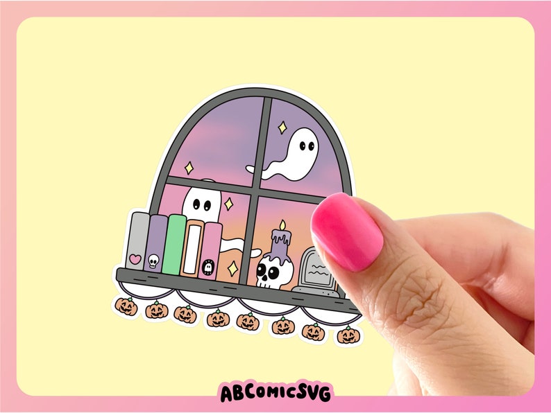 May include: A Halloween sticker depicting a window scene with ghosts, books, a candle, and a tombstone. The window has a purple and orange sunset background. A string of jack-o'-lanterns decorates the bottom. The sticker has the text "ABCOMICSVG".