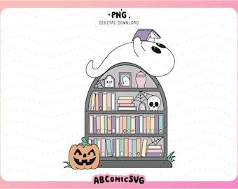 墓石の本棚 PNG、本好きの幽霊 PNG、ハロウィーン PNG、ステッカー、T シャツ、ブックマーク、キーホルダー、トートバッグ用のかわいいトレンディなデザイン ファイル