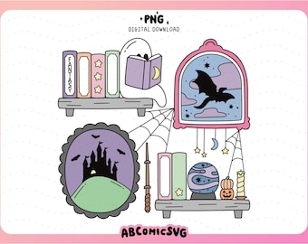 Halloween Fantasy Reader Bookshelf PNG, Reading Ghost PNG, Dragon Png, Haunted House Png, Spooky Book Club PNG, Bookish Png, Fall Clipart,