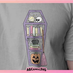 May include: A purple coffin-shaped bookshelf with a skull, a crystal ball, books, a cauldron, a pumpkin, and a broom. The bookshelf is decorated with cobwebs.