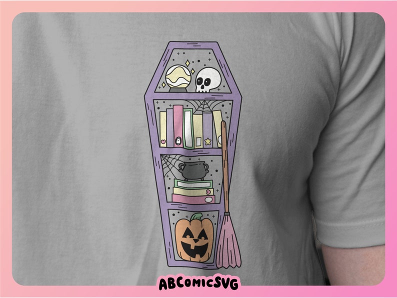May include: A purple coffin-shaped bookshelf with a skull, a crystal ball, books, a cauldron, a pumpkin, and a broom. The bookshelf is decorated with cobwebs.