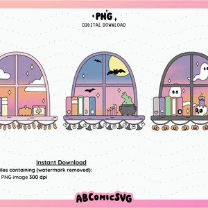 May include: Three cartoon illustrations of Halloween windows. Each window depicts a different scene: a sunset, a moonlit night with bats, and a spooky scene with a ghost. Bookshelves and pumpkin decorations are included. The text "PNG DIGITAL DOWNLOAD" is at the top.