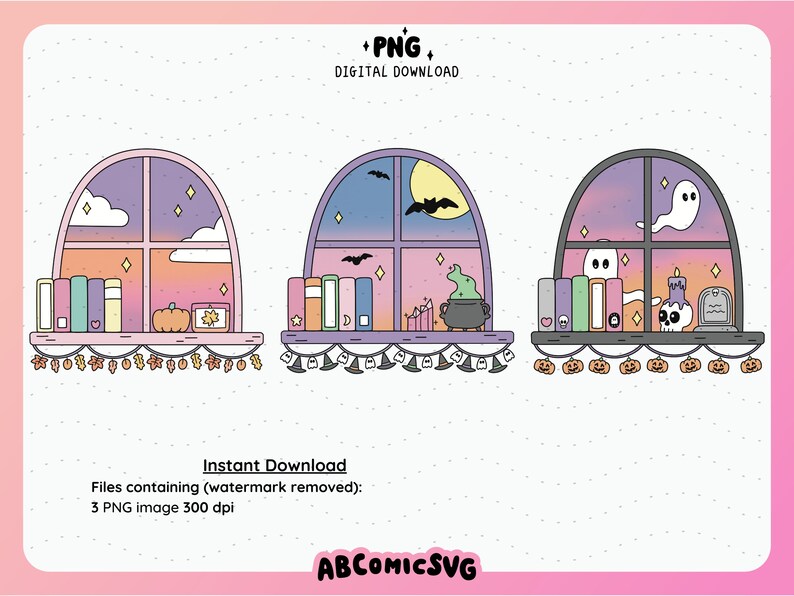May include: Three cartoon illustrations of Halloween windows. Each window depicts a different scene: a sunset, a moonlit night with bats, and a spooky scene with a ghost. Bookshelves and pumpkin decorations are included. The text "PNG DIGITAL DOWNLOAD" is at the top.