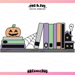 Étagère de livre fantasmagorique PNG SVG, PNG livresques Halloween, Svg de lecteur effrayant, mignons designs tendance pour signets, autocollants, t-shirts, porte-clés, fourre-tout