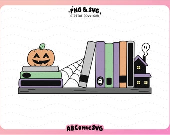 Spooky Book Shelf SVG PNG, Bookish Halloween PNG, Spooky Reader Svg, Cute Trendy Designs for Bookmarks, Stickers, Tshirts, Keychains, Totes