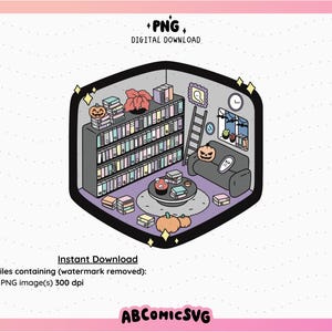 May include: A digital illustration of a cozy living room with a bookshelf filled with books, a couch, a coffee table, and pumpkins. The room is decorated for Halloween with a spider web and a ghost.