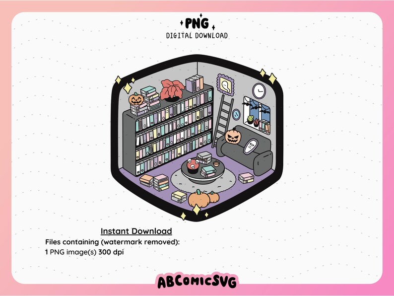 May include: A digital illustration of a cozy living room with a bookshelf filled with books, a couch, a coffee table, and pumpkins. The room is decorated for Halloween with a spider web and a ghost.