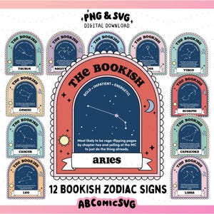 Puede incluir: Un gráfico de descarga digital con 12 signos del zodiaco Bookish. Cada signo se muestra en un marco único y colorido con ilustraciones de constelaciones y el nombre del signo. El diseño central destaca a Aries.