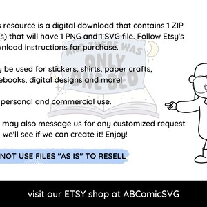 May include: Black and white illustration of a girl pointing to a book with the text "Only An Awesome Was Bed" on the cover. The text below the image reads "This resource is a digital download that contains 1 ZIP file(s) that will have 1 PNG and 1 SVG file. Follow Etsy's download instructions for purchase. May be used for stickers, shirts, paper crafts, notebooks, digital designs and more! For personal and commercial use. You may also message us for any customized request and we'll see if we can create it! Enjoy! DO NOT USE FILES "AS IS" TO RESELL visit our ETSY shop at ABComicSVG"