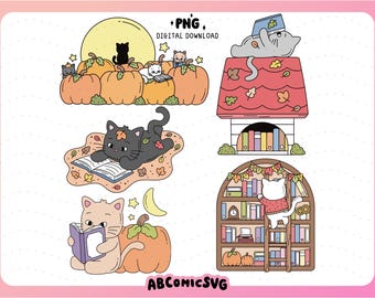 Fall Reading Cat PNG, Bookish Bundle, Halloween PNG, Autumn Vibes Design Files for Stickers, Bookmarks, Keychains, Badge Reels (Clipart)